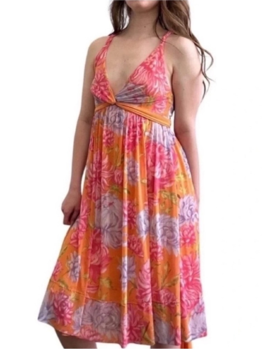 Vivienne Tam 90s Vintage Floral Dress Orange Pink Purple